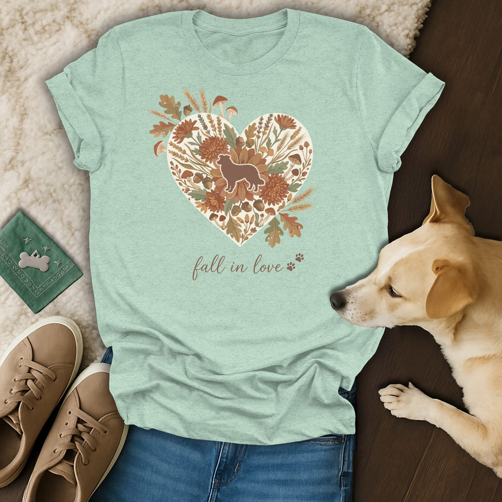 Light green t-shirt with heart floral design and text "fall in love".