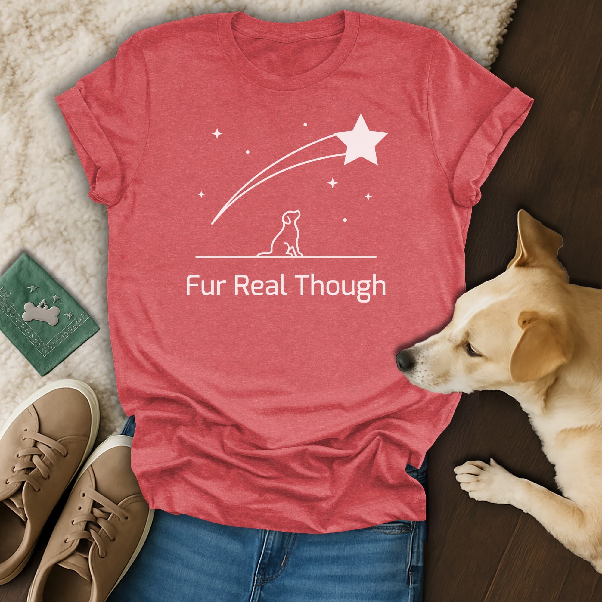 Crimson t-shirt with "Fur Real Though" and a shooting star design.