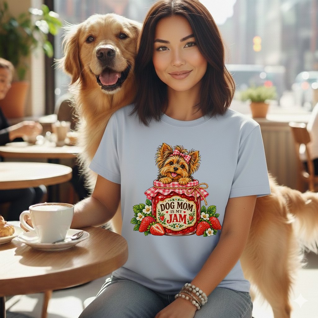 A smiling woman wears a light blue t-shirt featuring a cartoon Yorkshire terrier inside a strawberry jam jar with the text Dog Mom Is My Jam, while a golden retriever stands beside her at a cafe table.