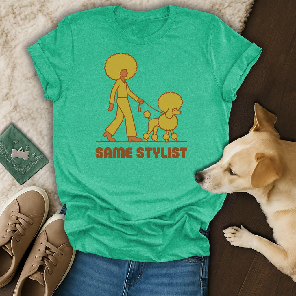 T-shirt with "SAME STYLIST" text and a woman walking a poodle.