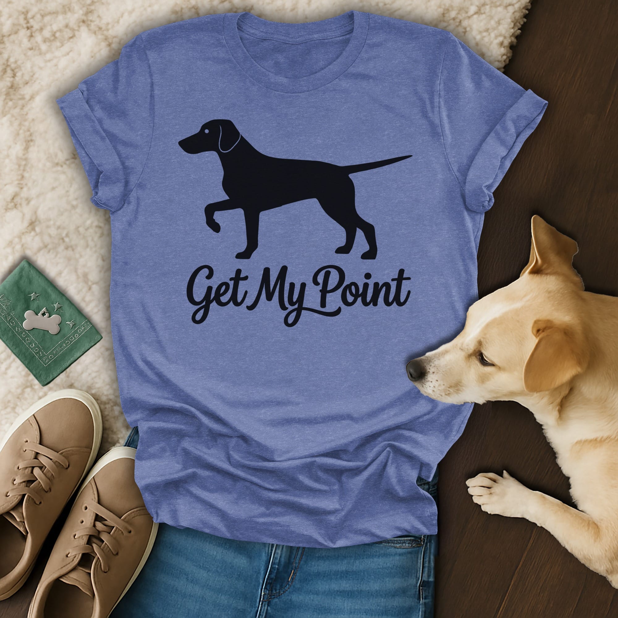 Blue t-shirt with black dog silhouette and "Get My Point" text.
