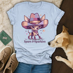 Chihuahua in cowboy hat and boots with "Spurs & Sparkles" text.