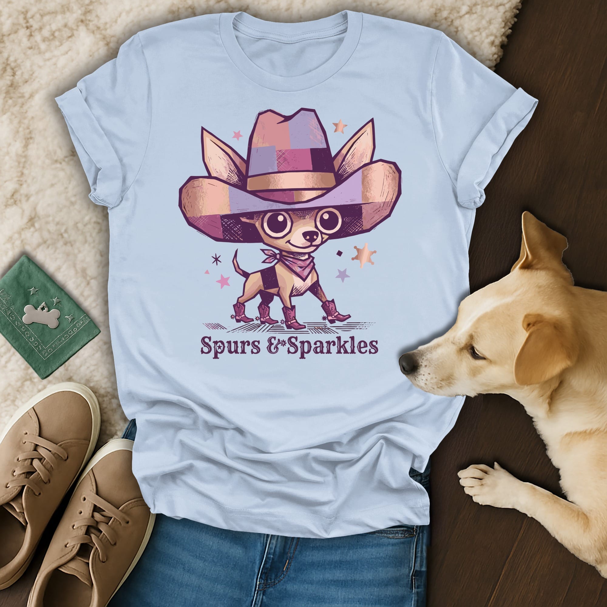 Chihuahua in cowboy hat and boots with "Spurs & Sparkles" text.