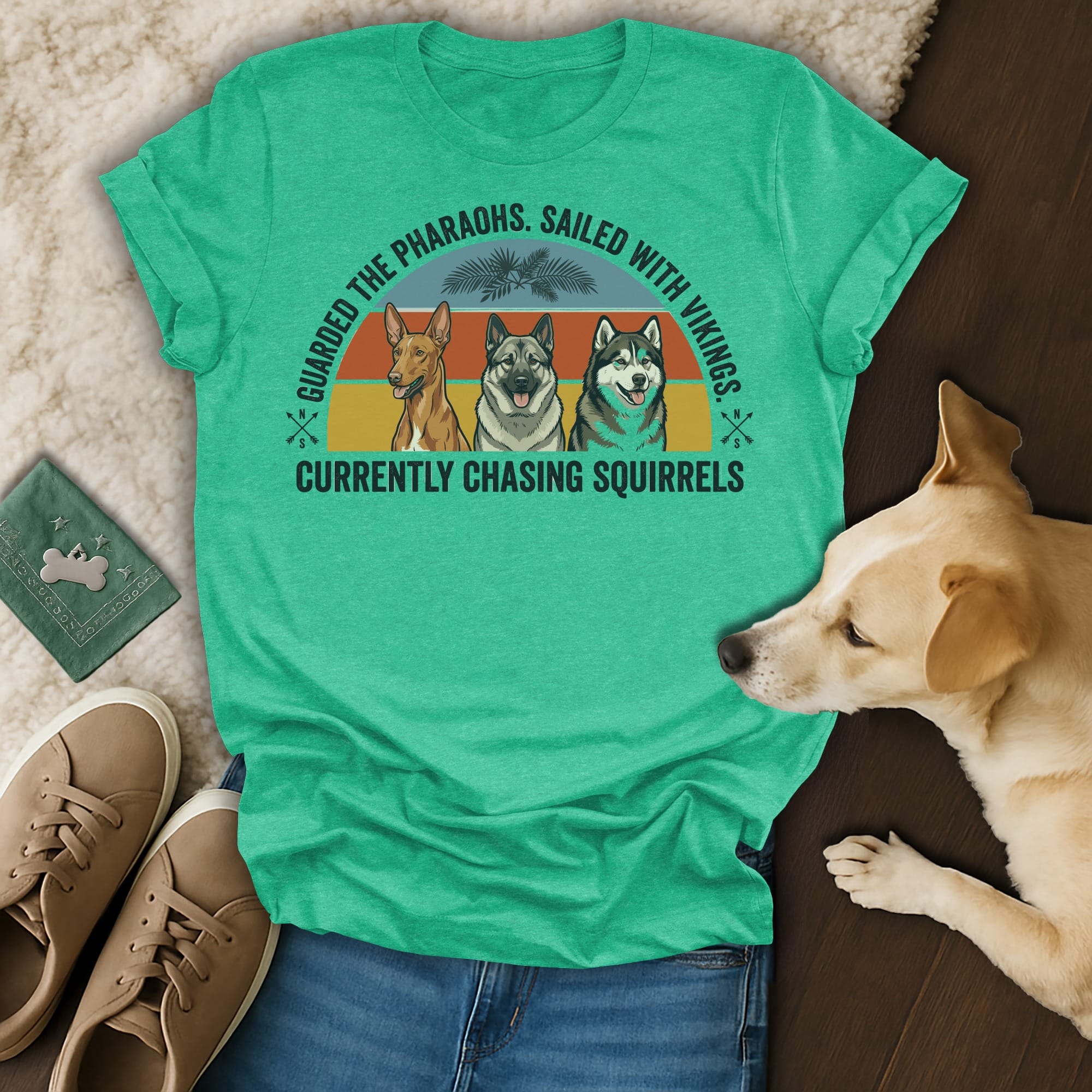 T-shirt with three dogs, "Guarded the Pharaohs. Sailed with Vikings. Currently Chasing Squirrels."