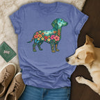 Dachshund silhouette filled with colorful tropical plants and flowers.