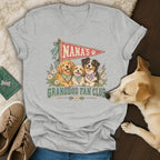 Grey V-neck t-shirt featuring a Nana's Granddog Fan Club graphic with three dogs, surrounded by flowers.