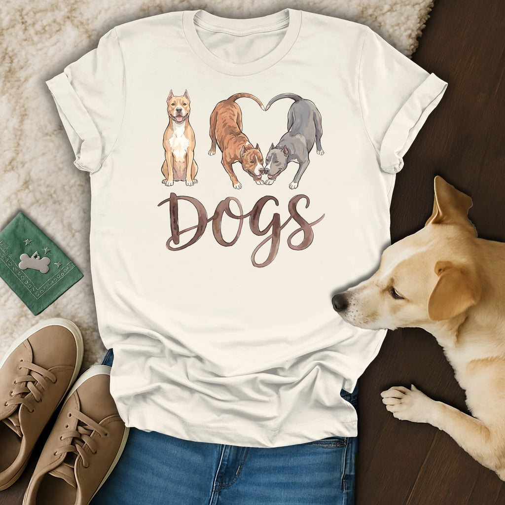 Cream t-shirt with "I Dogs" text and three pit bull dogs illustration.