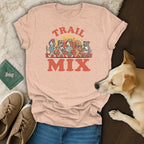 T-shirt with cartoon dogs hiking and the text "TRAIL MIX".