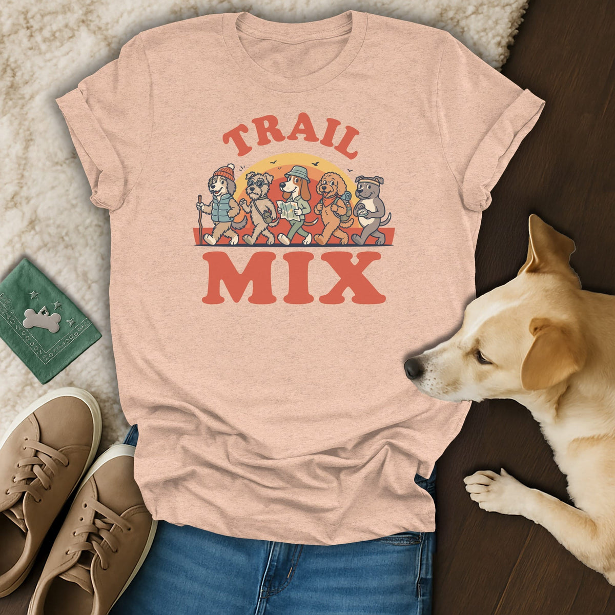 T-shirt with cartoon dogs hiking and the text "TRAIL MIX".