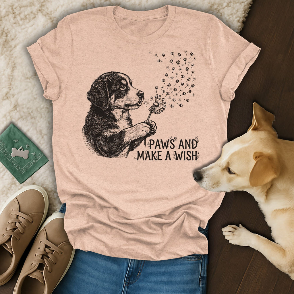 T-shirt with a black and white dog blowing dandelion seeds with paw prints.