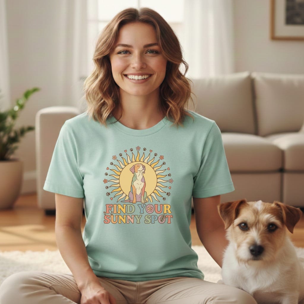 A smiling woman wearing a mint-green t-shirt with a dog illustration and the text FIND YOUR SUNNY SPOT sits beside a small terrier.
