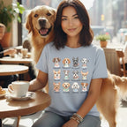 Woman with two dogs wears a t-shirt with cartoon dog breeds and humorous text.