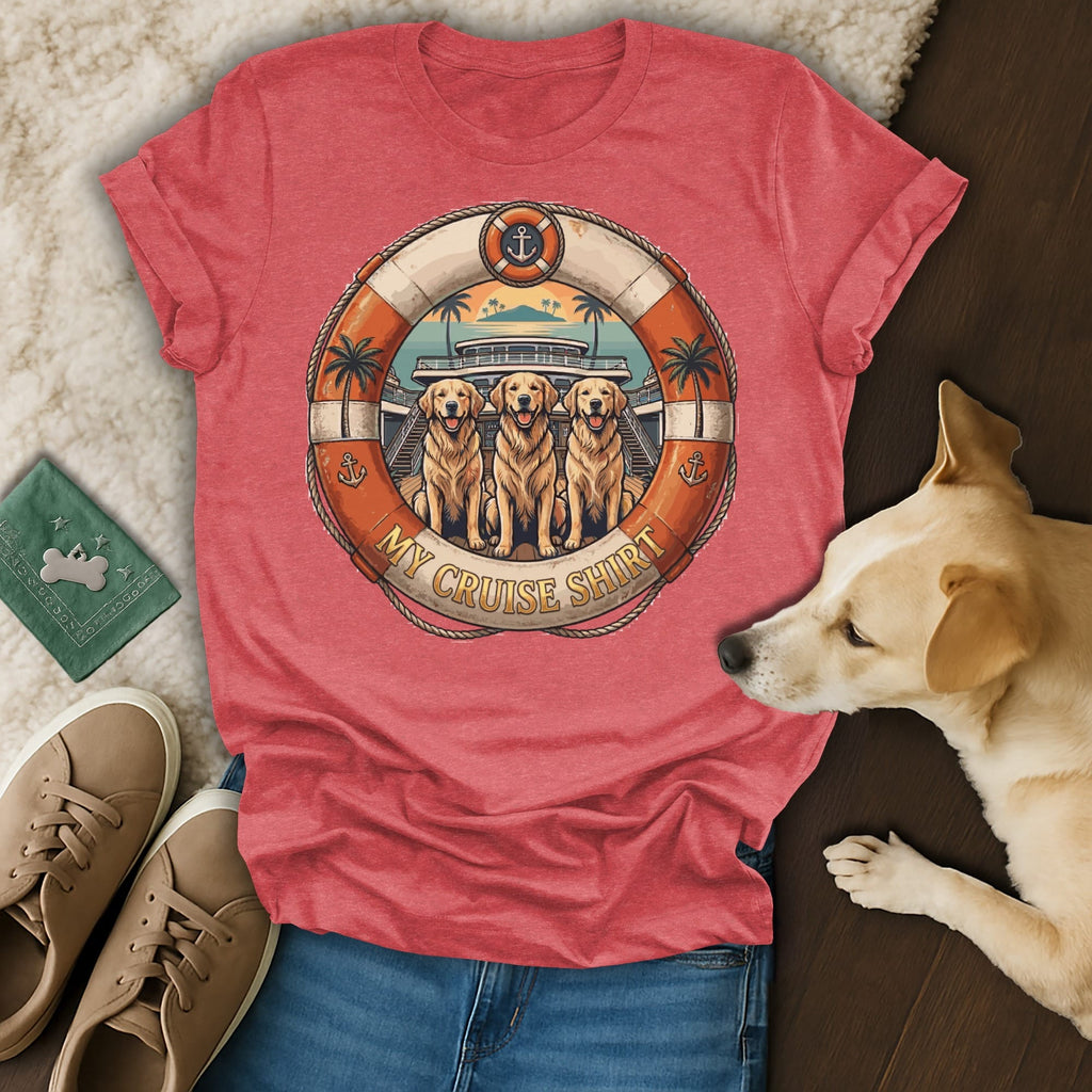 T-shirt with a circular graphic of three golden retrievers on a cruise ship deck.