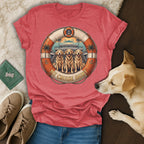 T-shirt with a circular graphic of three golden retrievers on a cruise ship deck.