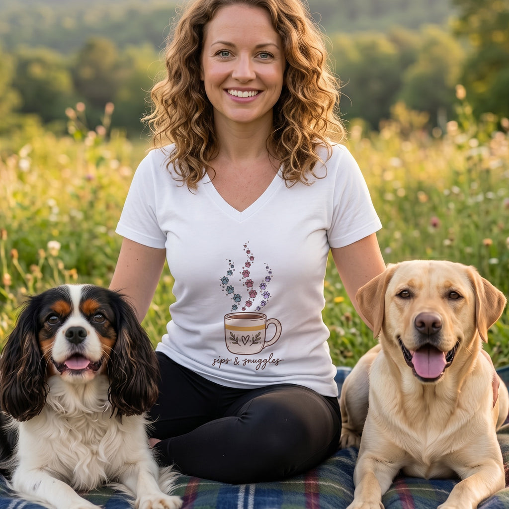 A smiling woman with curly hair wears a white V-neck t-shirt featuring a coffee cup graphic with paw prints, sitting outdoors with two dogs in a grassy field.