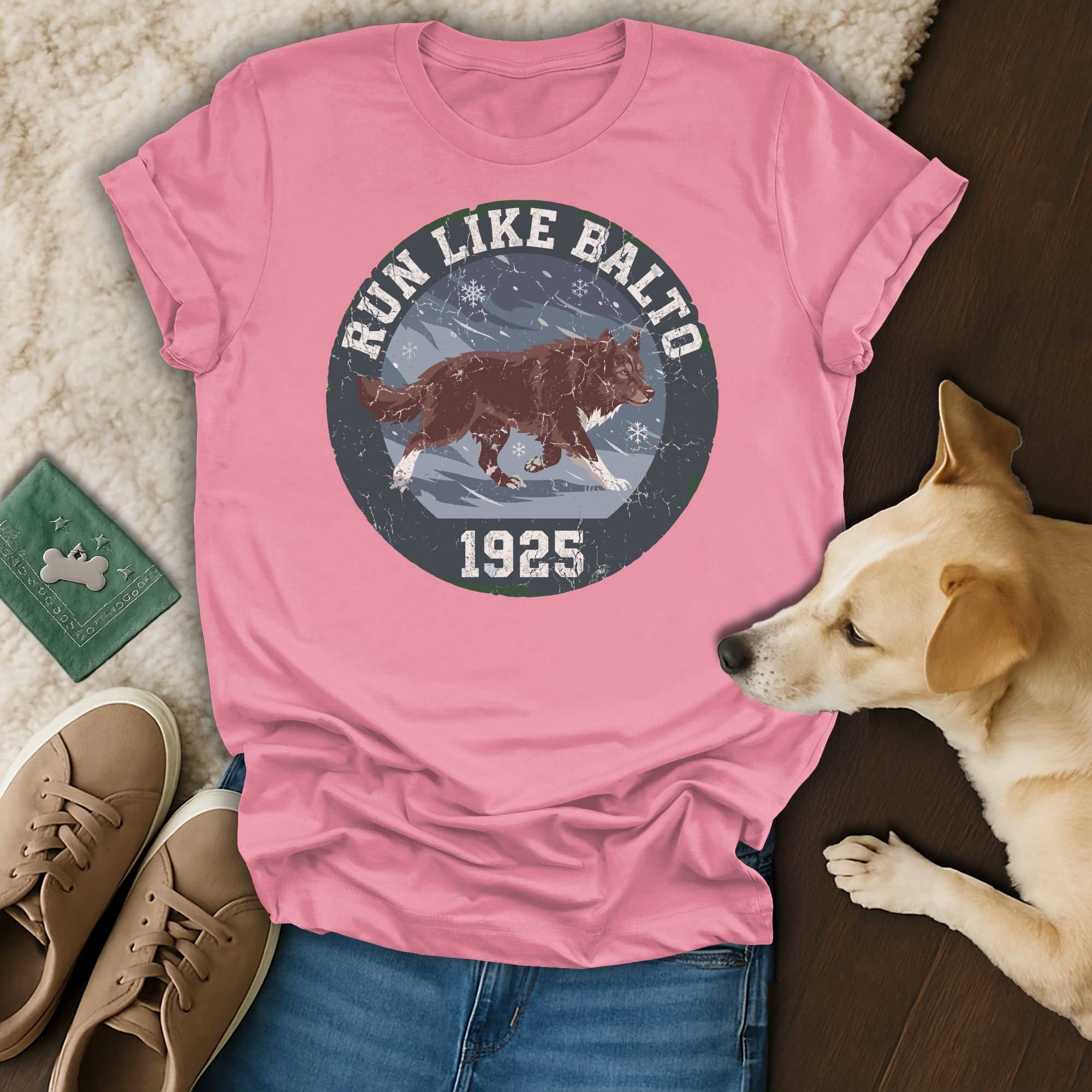 Pink t-shirt with "Run Like Balto 1925" and a husky graphic.