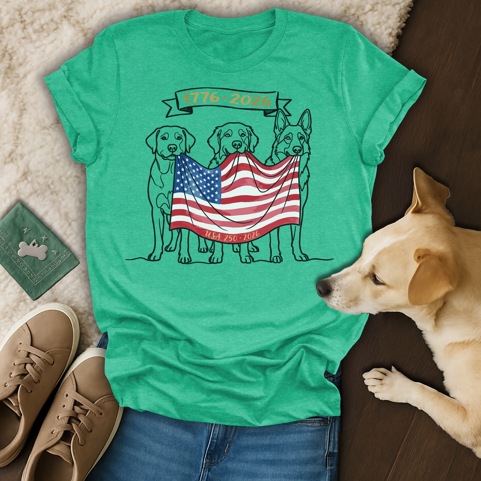 Three dogs hold an American flag, celebrating 1776-2026.