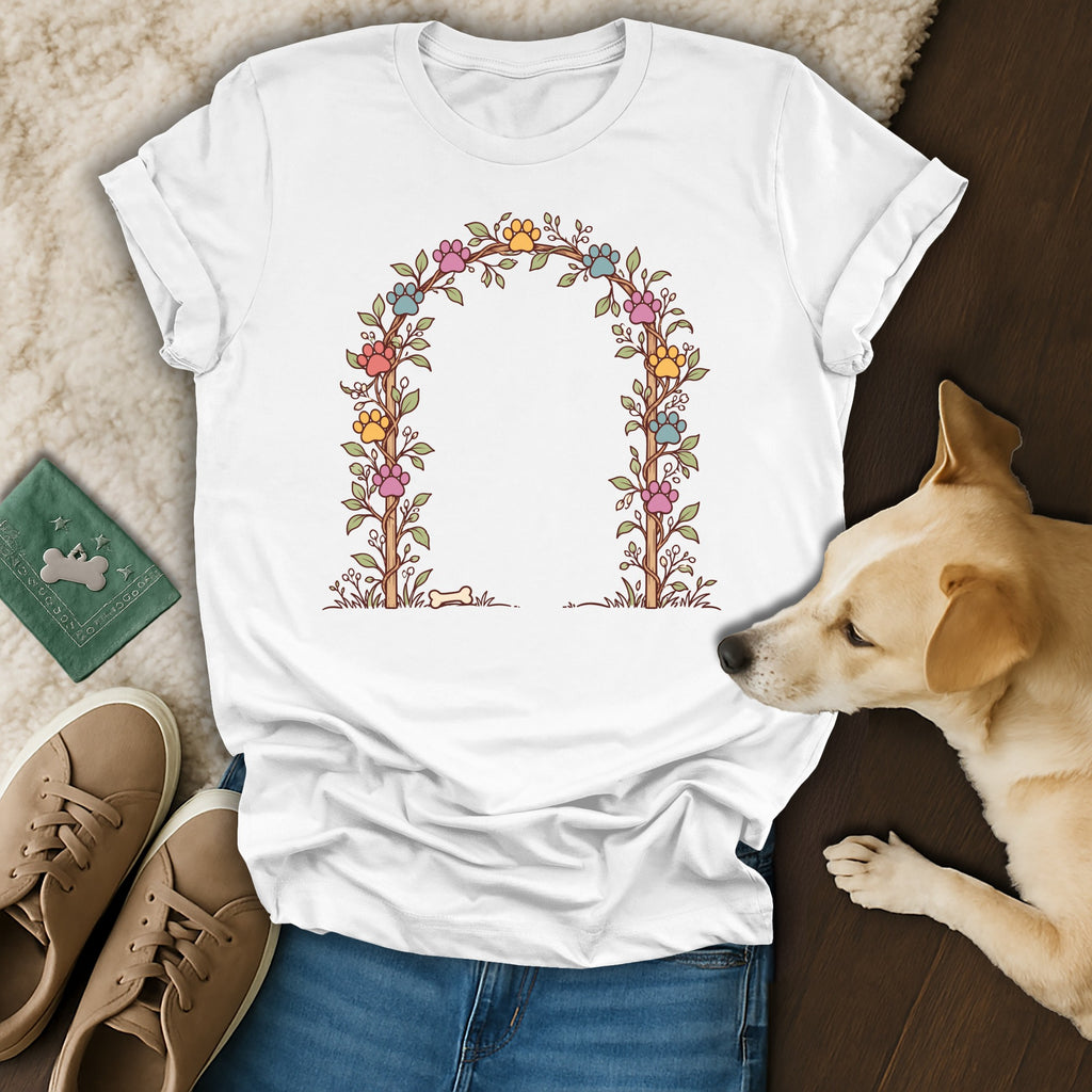 A white t-shirt featuring a floral arch and colorful paw prints graphic, accompanied by a small dog.