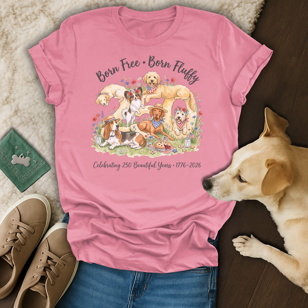 Pink t-shirt featuring dogs celebrating 250 years with "Born Free. Born Fluffy."