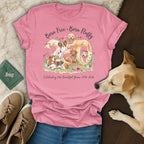 Pink t-shirt featuring dogs celebrating 250 years with "Born Free. Born Fluffy."