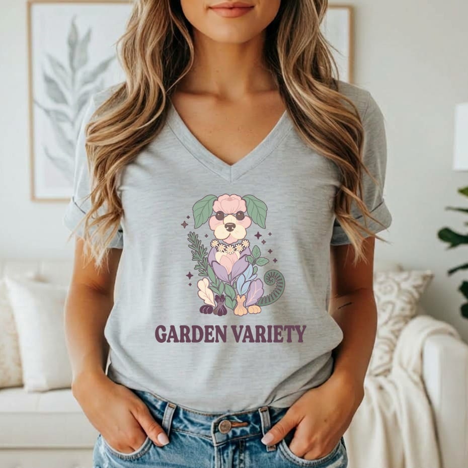 Grey t-shirt with a graphic of a dog surrounded by plants and the text "GARDEN VARIETY".