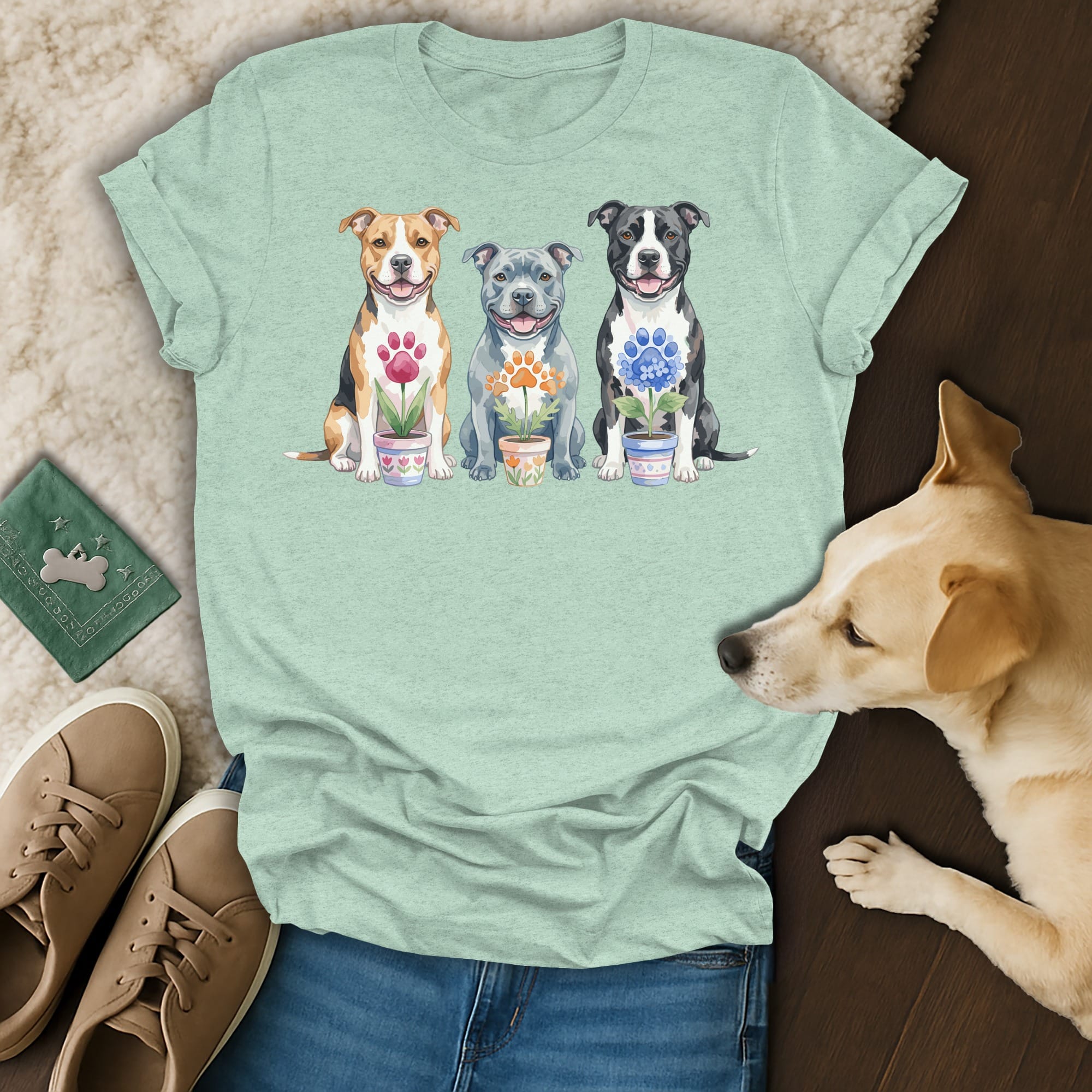 T-shirt with watercolor art of three pit bulls holding potted flowers.