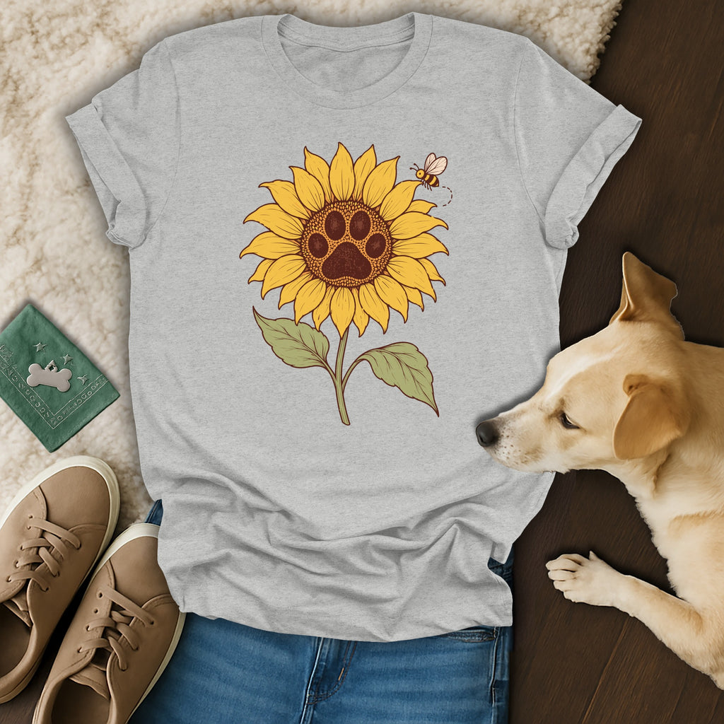 Heather gray t-shirt featuring a large sunflower with a dog paw print center and a bee, laid out with blue jeans, sneakers, and a dog.