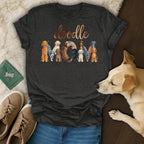 Doodle Mom t-shirt featuring varied doodle dog breeds and rose gold lettering.