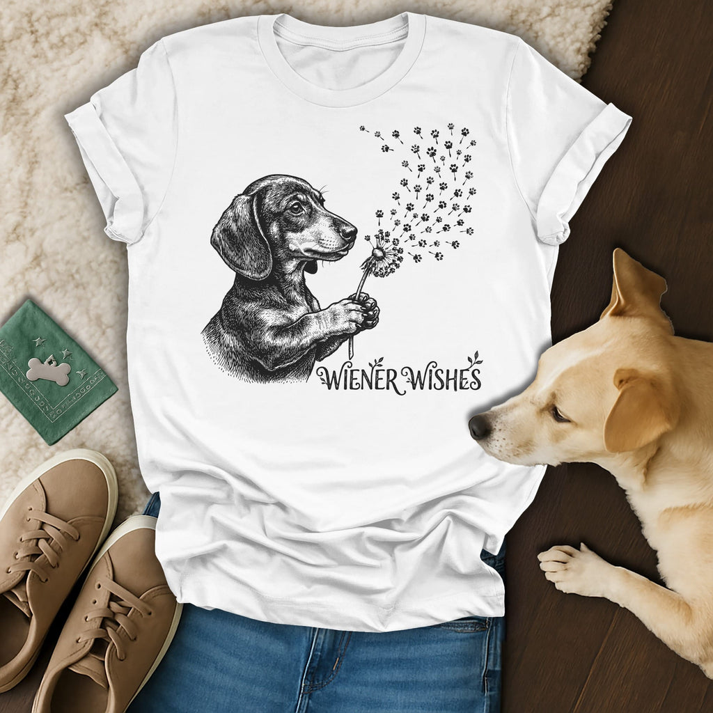 White t-shirt with dachshund holding a dandelion that turns into paw prints, "Wiener Wishes" text.