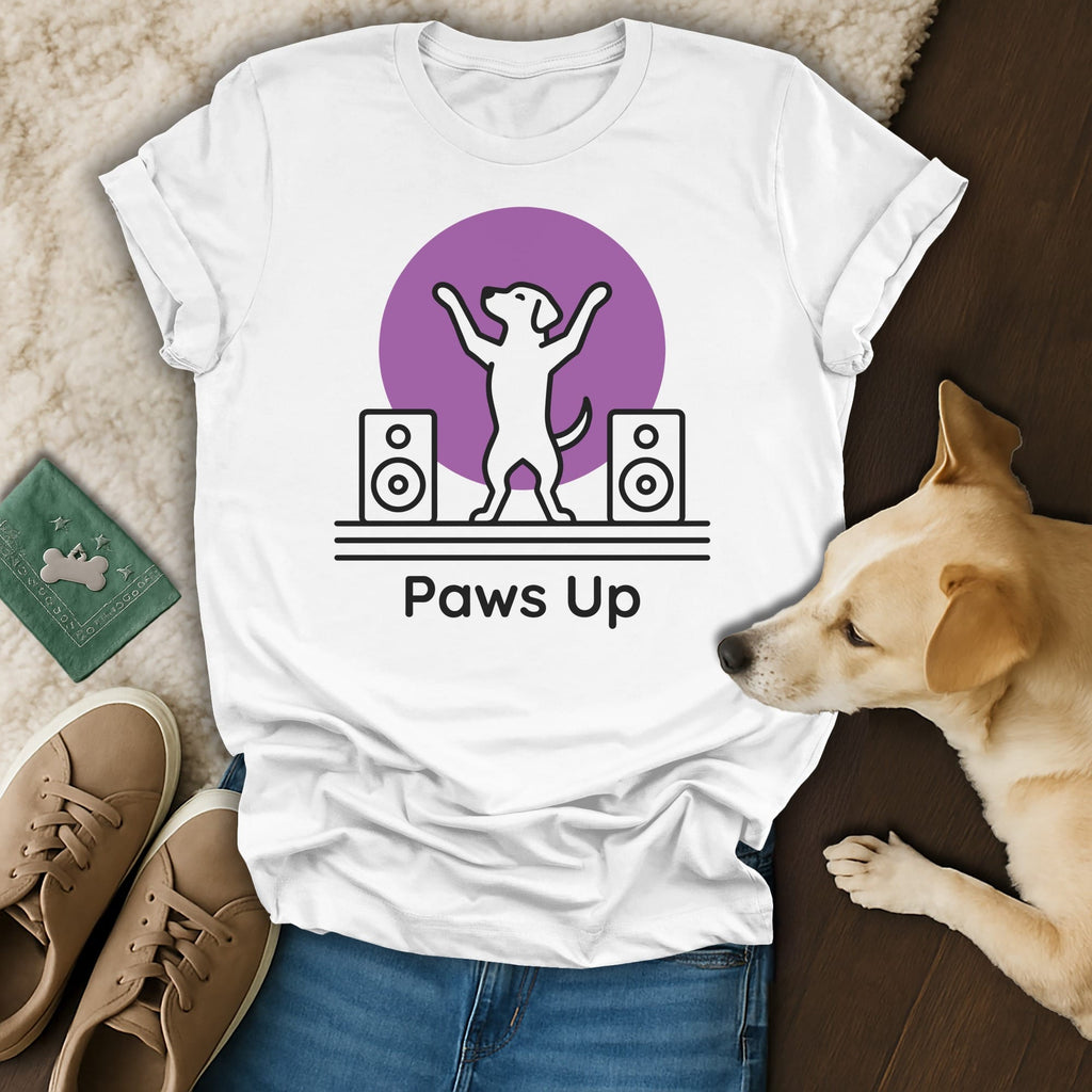 White t-shirt with "Paws Up" and dancing dog graphic on purple circle.