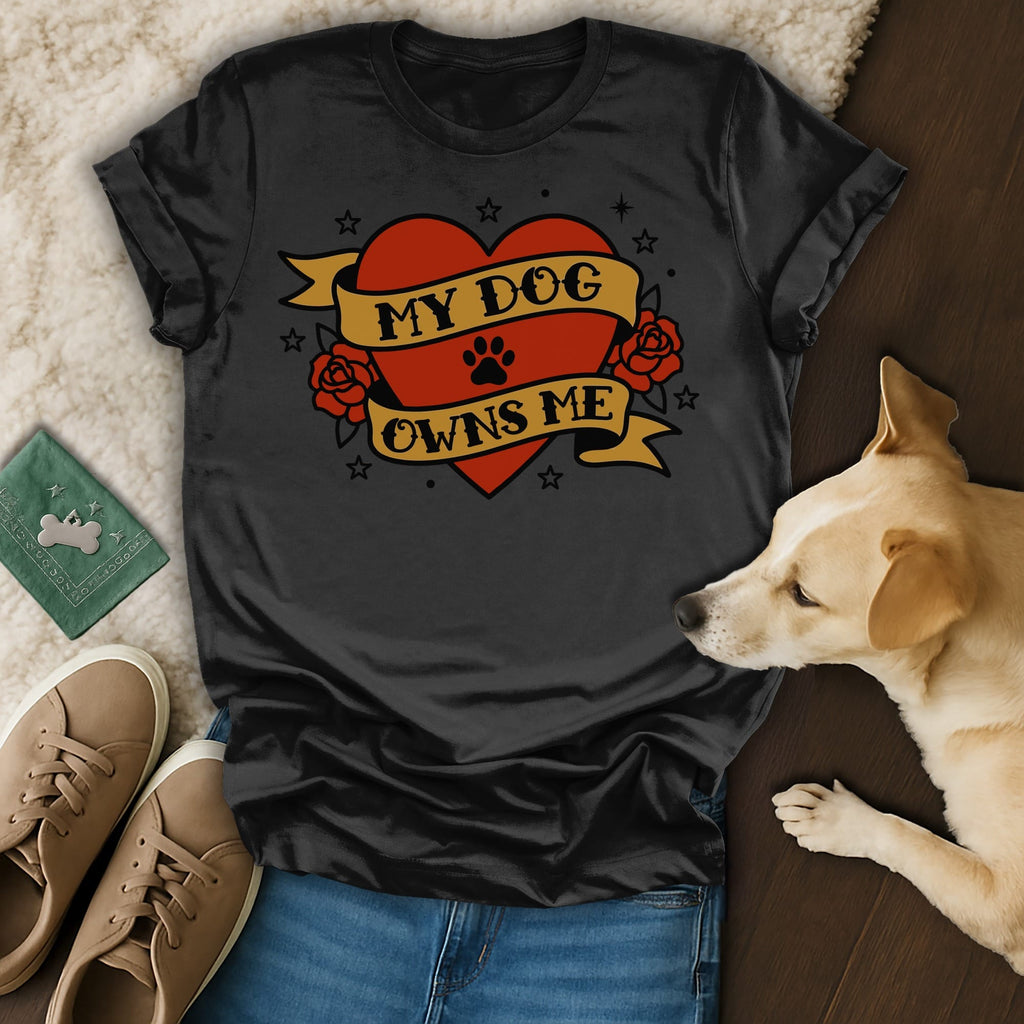 Black t-shirt with "My Dog Owns Me" text inside a heart with roses.