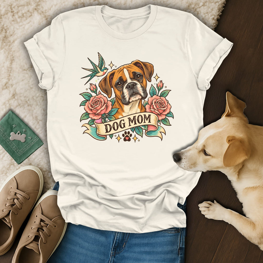 A white t-shirt featuring a tattoo-style Boxer dog graphic, roses, a swallow, and the text DOG MOM.