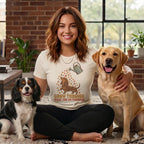A smiling woman wearing a graphic t-shirt sits cross-legged between a Cavalier King Charles Spaniel and a Labrador Retriever.