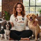Woman with two dogs wears a shirt with dog-related graphics and text.