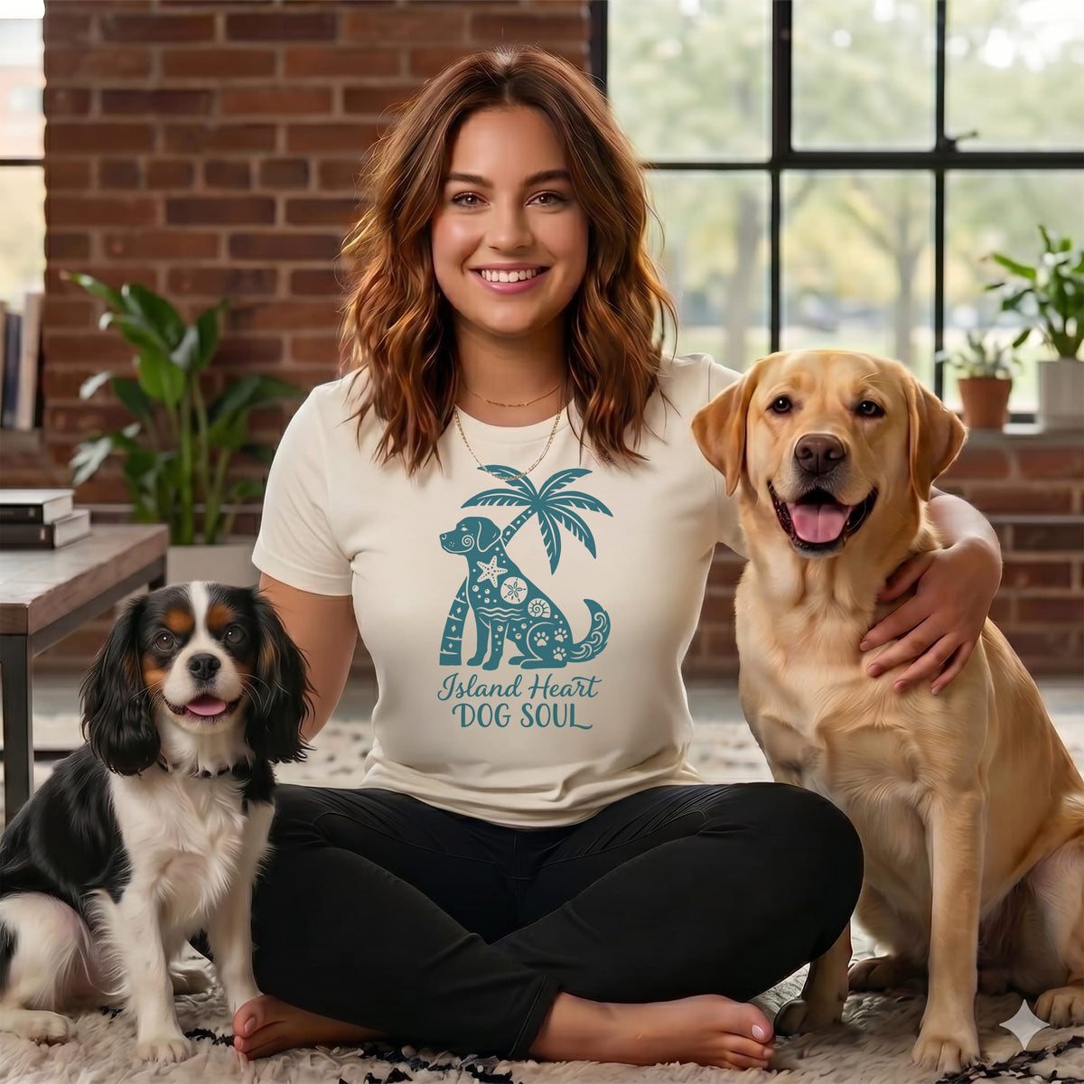 Woman with two dogs wearing a t-shirt with "Island Heart Dog Soul" text.