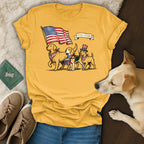 Three dogs in patriotic attire march with a drum and American flag.