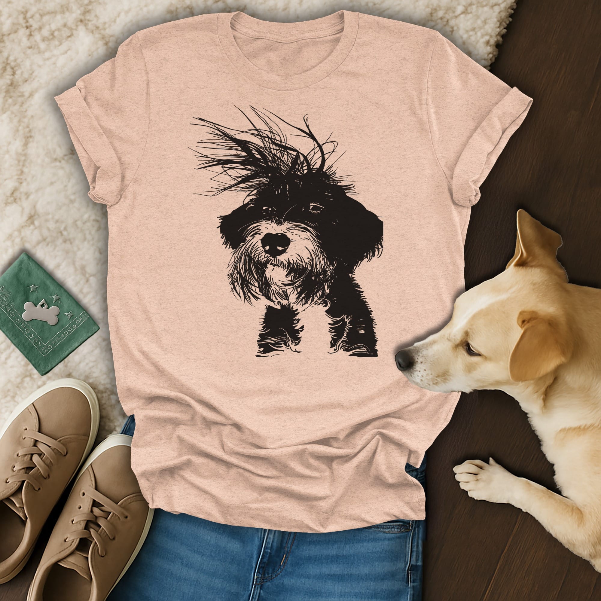 Black terrier dog graphic on a light pink t-shirt, next to dog and shoes.