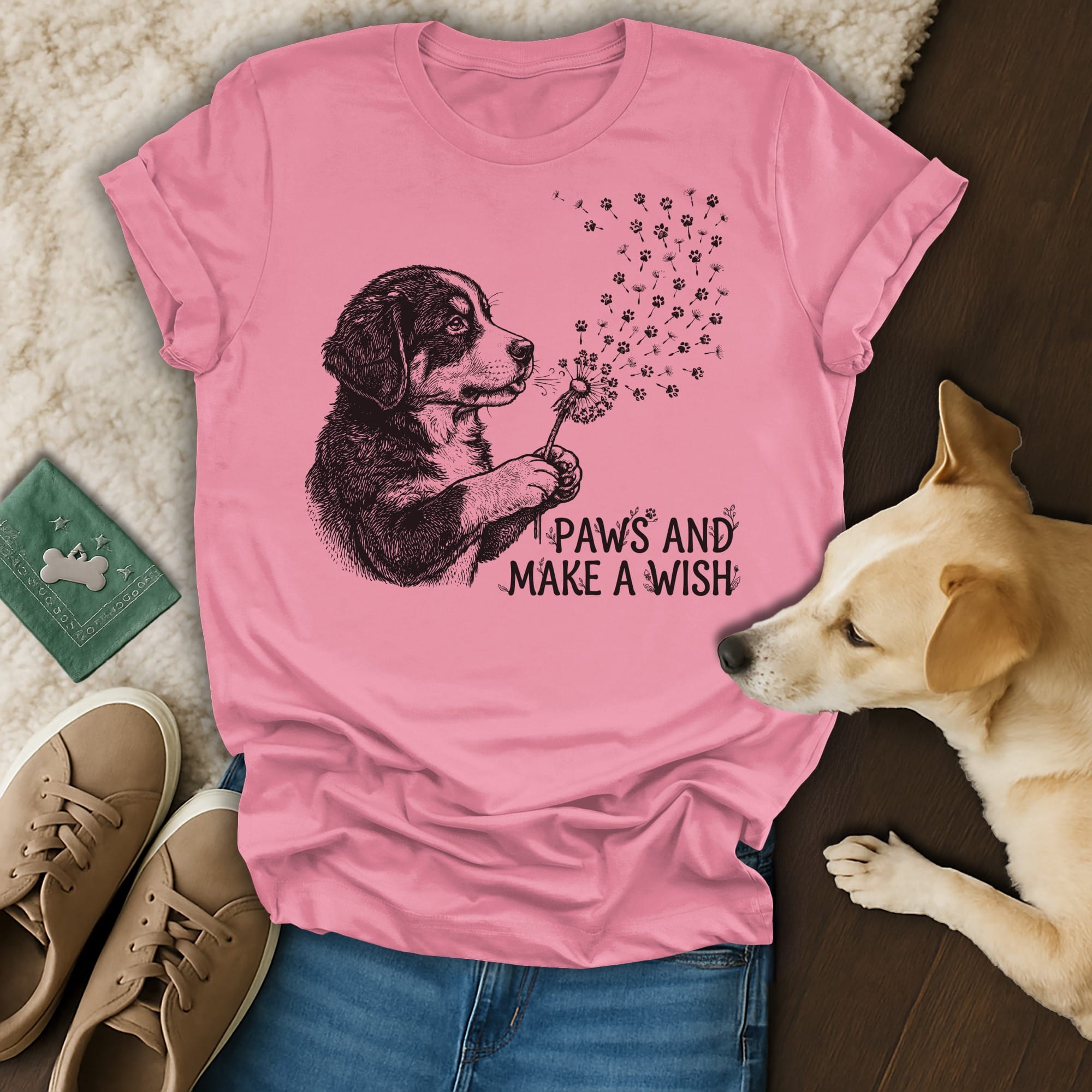 Pink t-shirt with dog graphic and "Paws and Make a Wish" text.