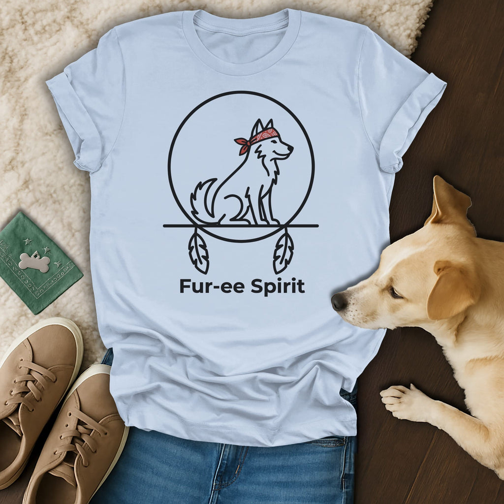 Light blue t-shirt with black outline graphic of a wolf wearing a bandana and feathers, text "Fur-ee Spirit".
