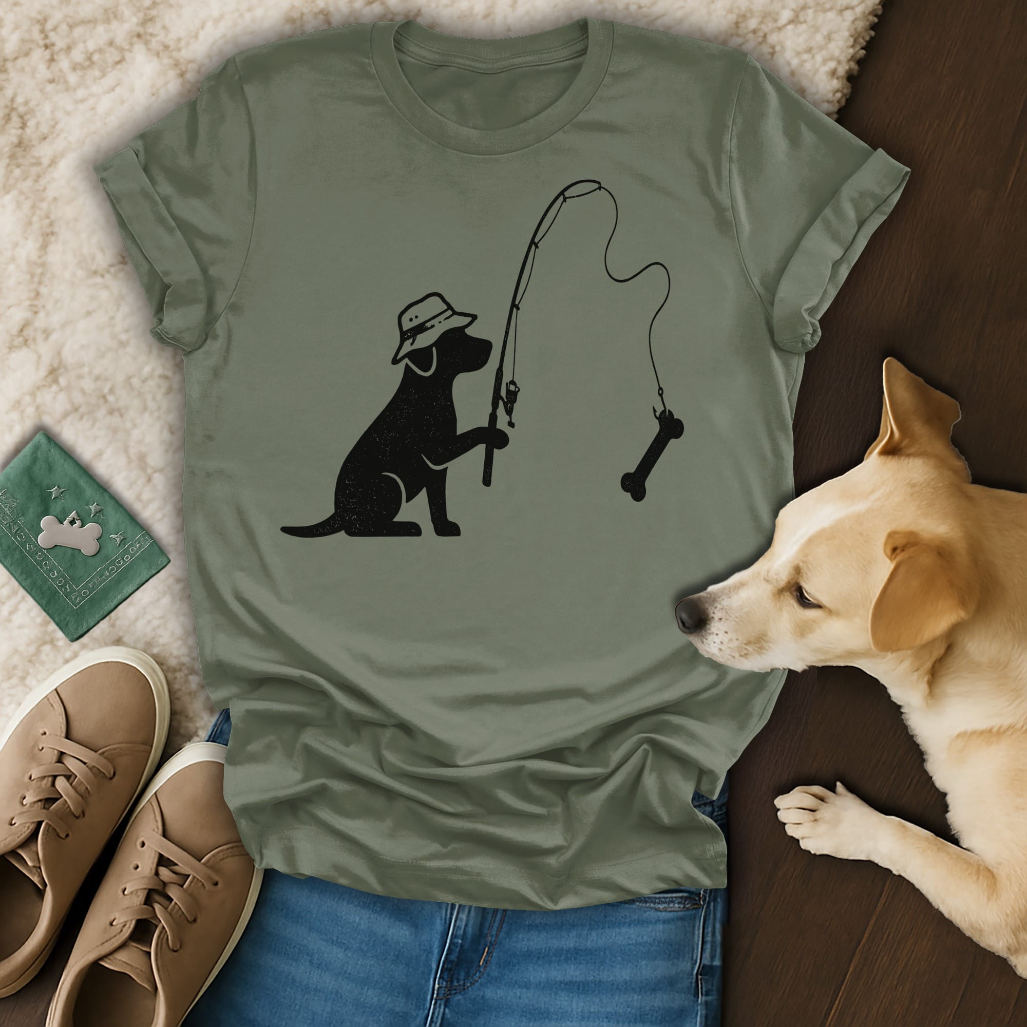Silhouette of a dog wearing a hat fishing for a bone.