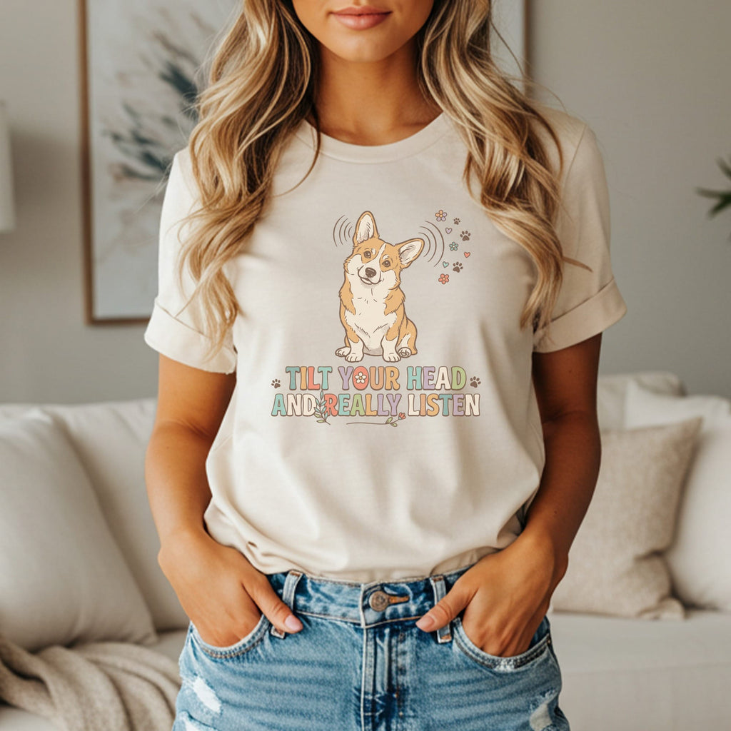 Corgi graphic on beige t-shirt reads "Tilt Your Head And Really Listen".