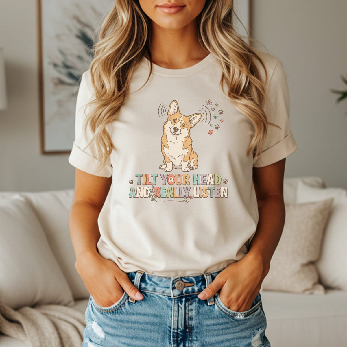 Corgi graphic on beige t-shirt reads "Tilt Your Head And Really Listen".