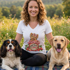 A smiling woman with curly brown hair wearing a graphic t-shirt sits outdoors flanked by two dogs.