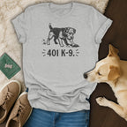 Grey t-shirt with a dog digging and the text "401 K-9."