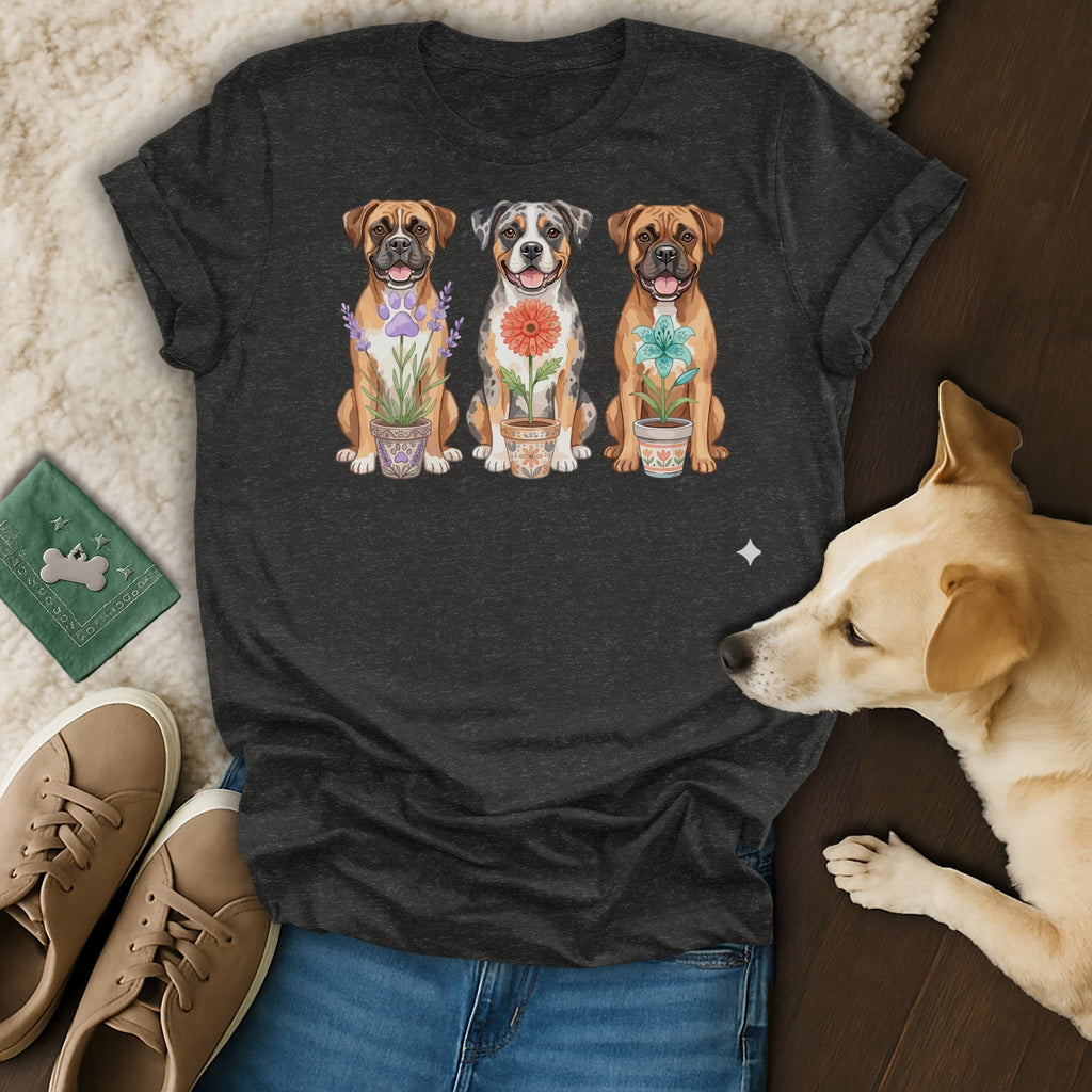 T-shirt featuring three dogs with plants, including lavender, a daisy, and a lily.
