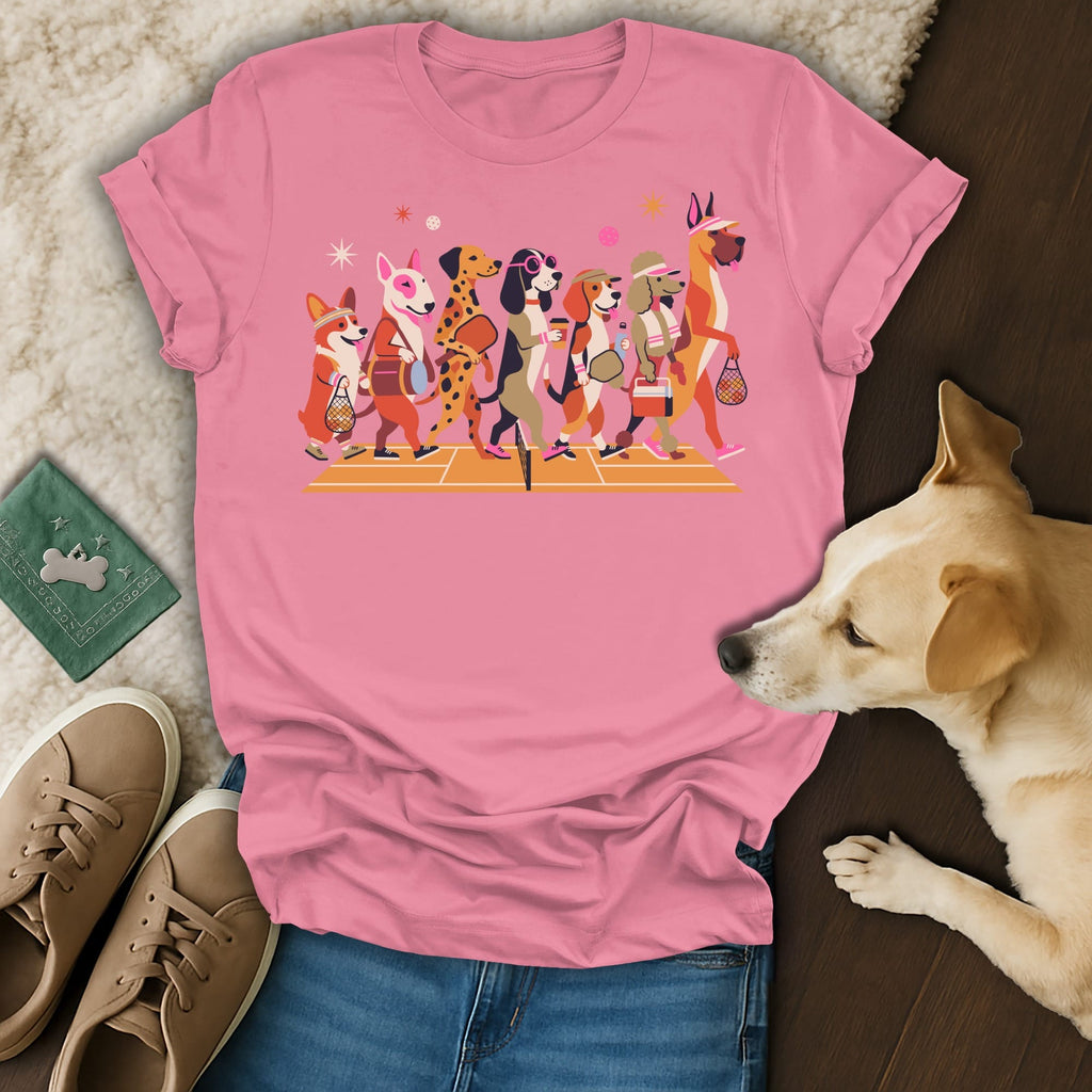 Pink t-shirt with cartoon dogs walking in a line, carrying pickleball equipment.