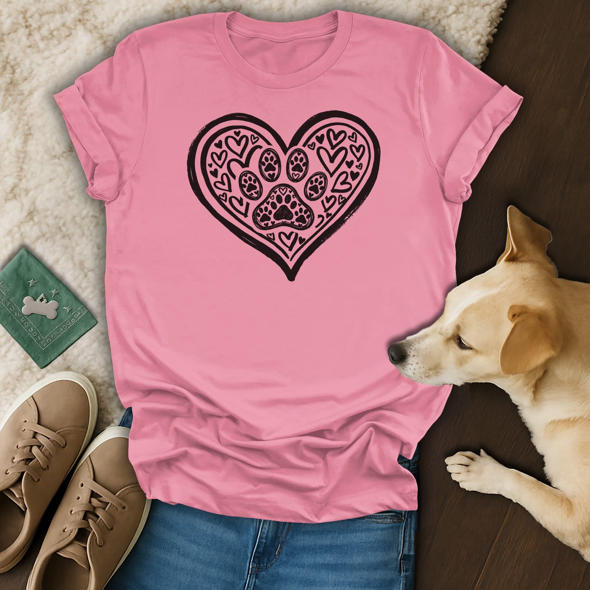 Pink t-shirt with black heart and paw prints, dog and shoes nearby.