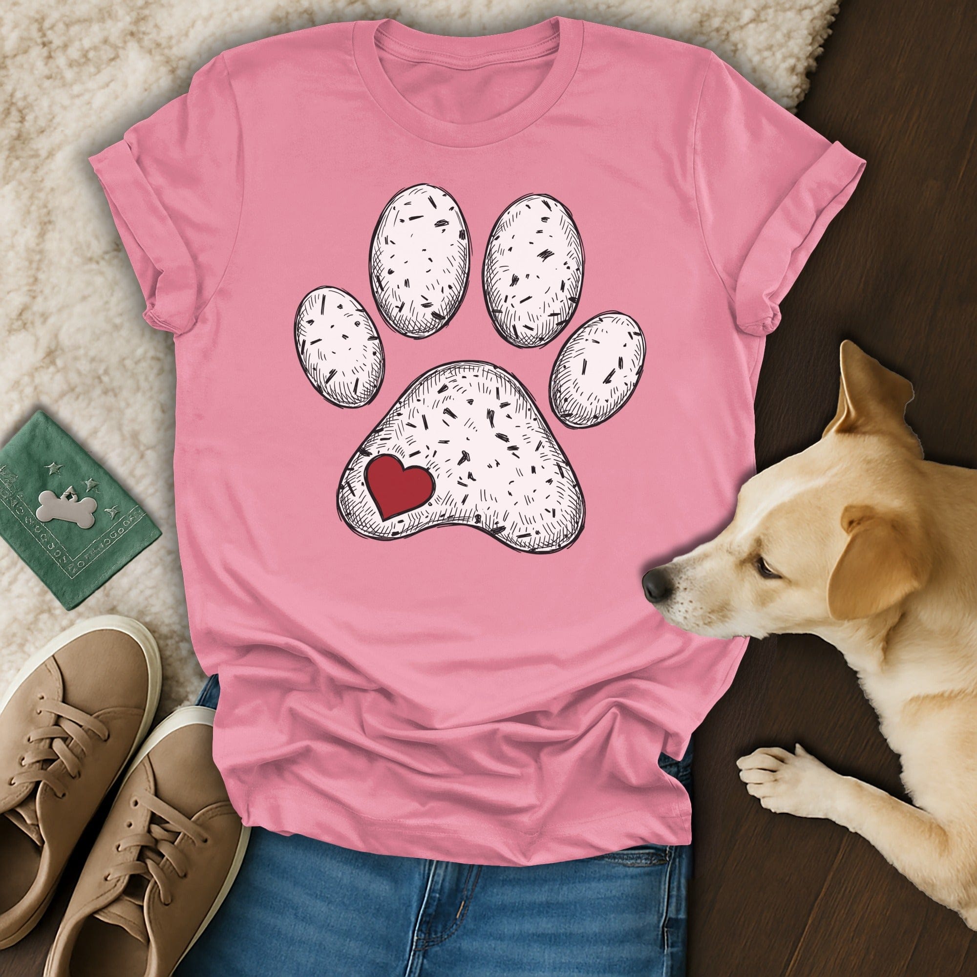 Pink shirt dog paw print red heart design product type