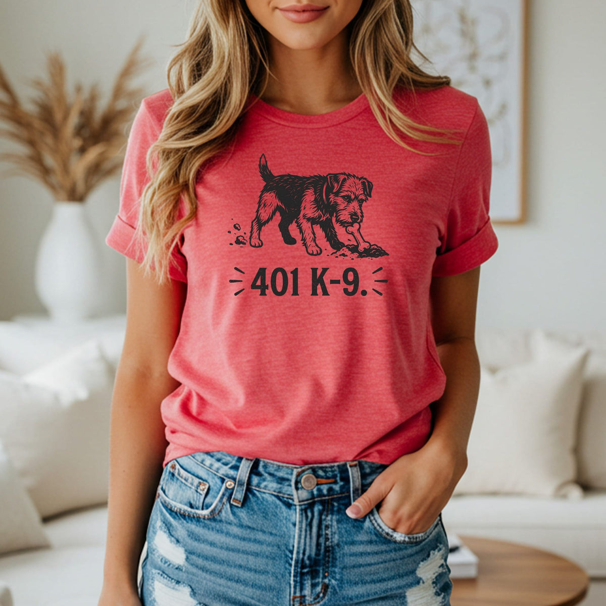 Red t-shirt with a black graphic of a dog and the text "401 K-9".