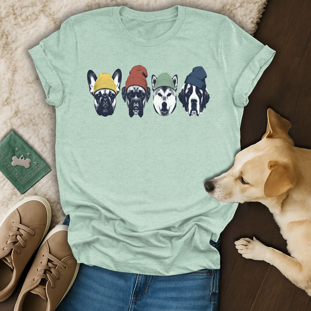 Four dogs wearing colorful beanies on a light green t-shirt.